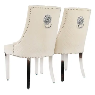 (Set of Chairs, Cream With Chrome Legs) Luxury Lion Knocker Velvet Dining Chairs Padded Gold/Sil