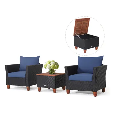 3 PCS Patio Rattan Furniture Set Sectional Sofa Conversation Set (Navy)