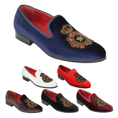 (44, Coffee) Mens Velvet Loafers Bee & Crown Embroidered Vintage Dress Shoes Slip on Slippers