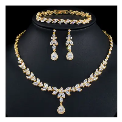 CWWZircons 3pcs Women Costume Big Plated Jewelry Set Cubic Zirconia Drop Dubai Brides Necklcae E