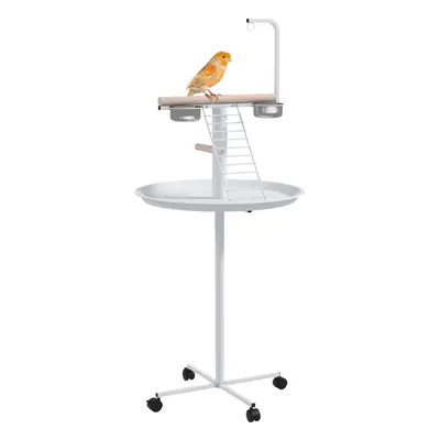 PawHut Bird Table with Four Wheels, Perches, Stainless Steel Bowls, Round Tray