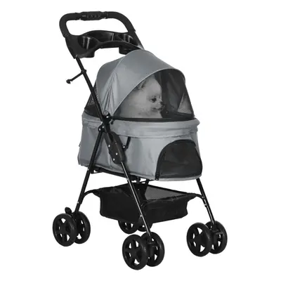 PawHut Pet Stroller Foldable Travel Carriage w/ Brake Basket Canopy, Grey