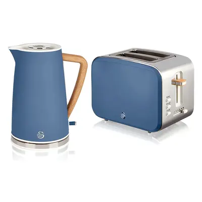 (Blue, Kettle & Slice Toaster) Swan Nordic Cotton White Kitchen Set with 1.7 Litre Kettle and Sl