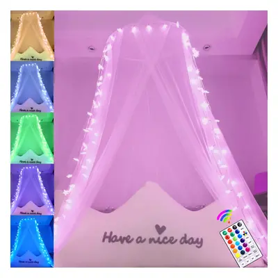 White Bed Canopy for Girls, 100LED Canopy Bed Curtains with Colors Changing Lights, Hanging Prin