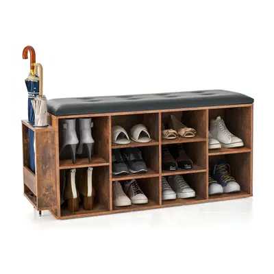 Shoe Bench with Padded Cushion Seat & Umbrella Stand 10-Cube Organizer