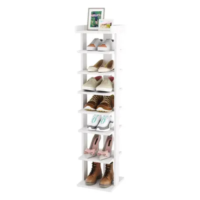 (7 Grids, White) Narrow Shoe Rack, Tier Wooden Shoe Rack, Vertical Shoe Cabinet, Shoe Organiser 