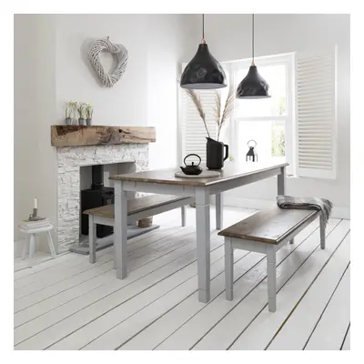 Canterbury 140cm Dining Table and Benches in Grey & Pine