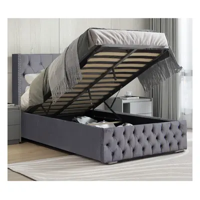 ((Grey, Single)) Ottoman Storage Bed Frame Gas Lift Velvet Fabric