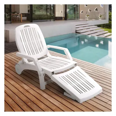 (White) Outdoor Folding Lounge Chair Recliner with Wheels