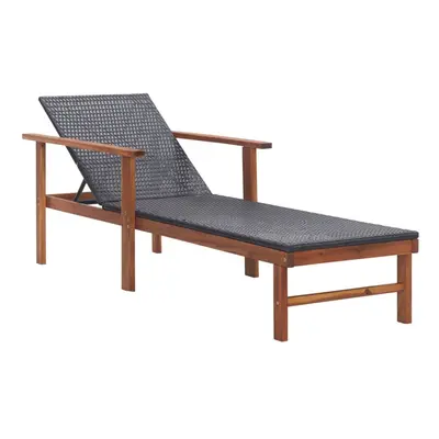 vidaXL Solid Acacia Wood Sun Lounger Poly Rattan Black Outdoor Seating Sun Bed