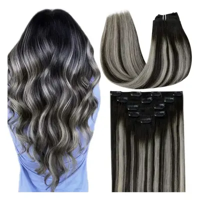 Hair Extensions Clip in Human Hair Silver, LaaVoo Remy Hair Extensions Clip in Human Hair Ombre 