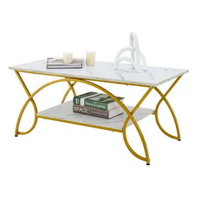 Modern 2-Tier Coffee Table Faux Marble Cocktail Table for Living Room