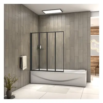 Matt Black Fold Folding Bath Screen 4mm Glass Panel 900x1400