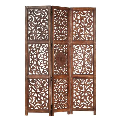 vidaXL Solid Mango Wood Hand Carved 3-Panel Room Divider Brown Privacy Screens