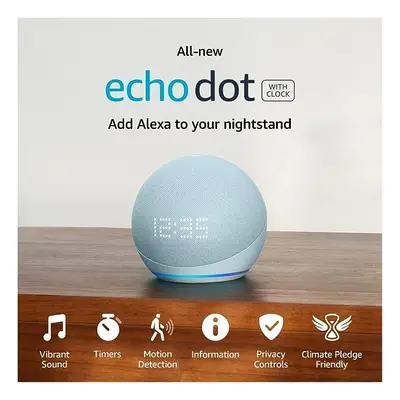 Amazon Echo Dot (5th Generation, Blue) with Clock