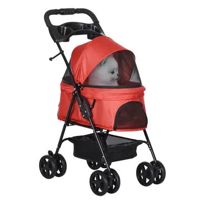 PawHut Pet Stroller Foldable Travel Carriage w/ Brake Basket Canopy, Red