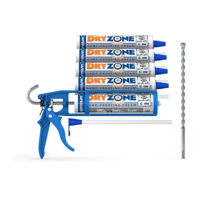 (Pack of 5) Dryzone Damp Proofing Cream DPC Kit (incl. Cox Mastic Gun & Drill Bit) High-Strength