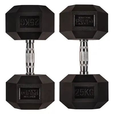 (Pair of 25KG (50KG Total)) GYM MASTER Hex Dumbbells Rubber Encased 1-30kg Cast Iron Weight Lift