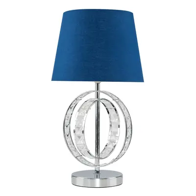 Modern Chrome Acrylic Jewel Intertwined Double Hoop Design Table Lamp with a Navy Blue Polycotto