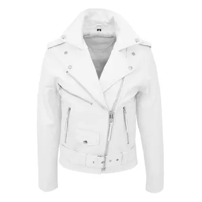 (White, 20) Womens Cowhide Biker Leather Jacket Brando Style Coat Helen White