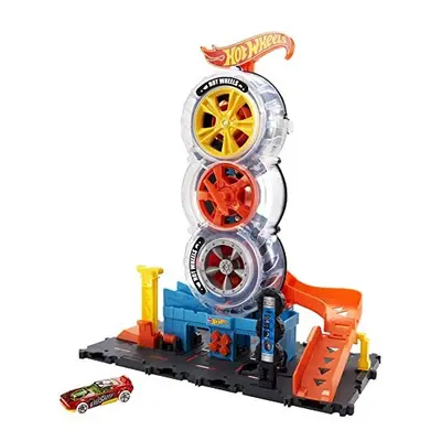 City Super Twist Tire Shop Playset, Spin the Key to Make Cars Travel Through the Tires, Includes