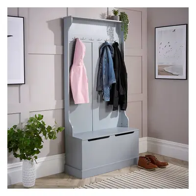 Grey Painted Wooden Hallway Storage Bench Unit with Coat Hooks