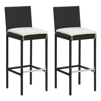 vidaXL 2x Garden Bar Stools with Cushions Black Poly Rattan Patio Lounge Seat