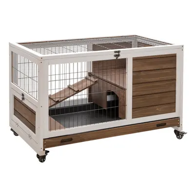 PawHut Wooden Guinea Pig Hutch 2-Floor Design w/ Wheels, Brown