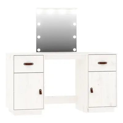 (white) vidaXL Solid Wood Pine Dressing Table Set with LED Vanity Desk Multi Colours