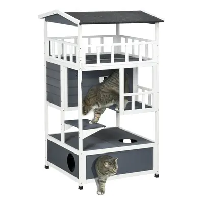 PawHut Wooden Outdoor Cat House 3-Tier Kitten Shelter w/ Tilted Roof Grey