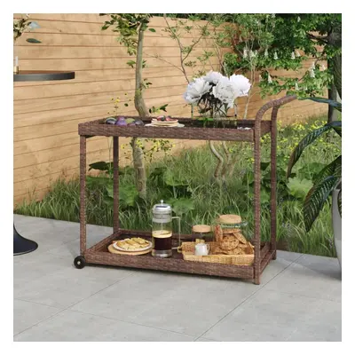 vidaXL Bar Cart Brown Poly Rattan Patio Storage Serving Trolley Kitchen Cart