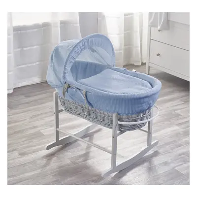 Blue Waffle Grey Wicker Moses Basket with Rocking Stand Grey