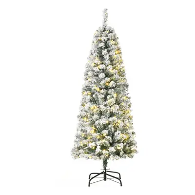 HOMCOM 5FT Prelit Snow Flocked Christmas Tree w/ Light, Xmas Decoration Green