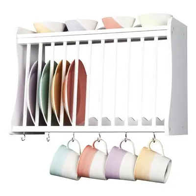 Minack White Wooden Kitchen Plate Rack, wall mounted shelf with hooks