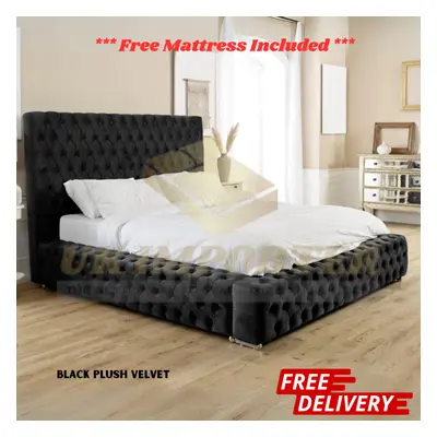 (Black Plush, Double 4ft6"(Without Gas Lift)) Luxury Ambassador Bed Frame Park Lane Chesterfield