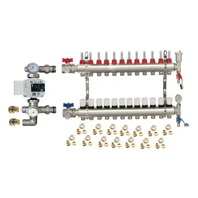 (12 PORT) Water Underfloor Heating Kit - Ports Manifold with Pump and Blending Valve Set