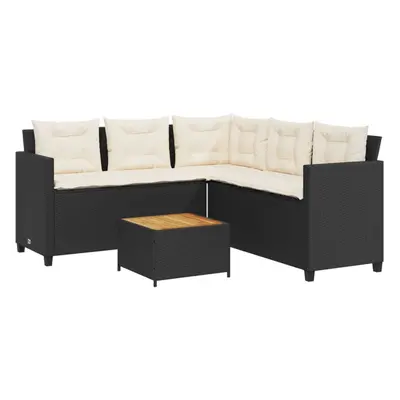 (black, wood) vidaXL Garden Sofa with Table and Cushions Outdoor L-shaped Sofa Poly Rattan