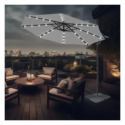 (Grey) 3M Garden Banana Patio Cantilever Parasol LED Lights Umbrella with Base