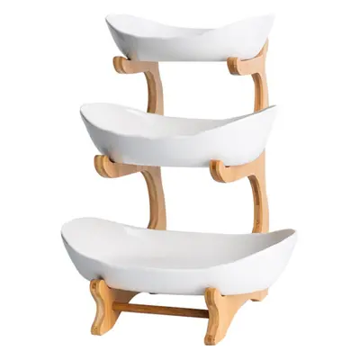 3 Tier Fruit Basket for Kitchen Ceramic Fruit Bowl With Bamboo Wood Stand for Kitchen Counter, D