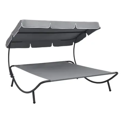 vidaXL Outdoor Lounge Bed with Canopy Grey Sunbed Garden Seating Furniture