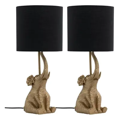 Set of Elephant - Gold Resin Table Lamps With Black Fabric Shades