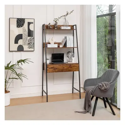 (Desk) Wooden Bookcase Ladder Design Tiers Storage Office Home Decor Brown