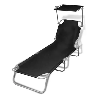 vidaXL Black Outdoor Fold-Up Sun Lounger With Canopy | Outdoor Foldable Garden Sunbed