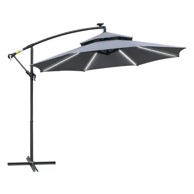 Outsunny 3(m) Cantilever Parasol Hanging Banana Umbrella w/ lights, Grey