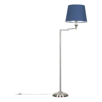 Modern Adjustable Swing Arm Floor Lamp in a Brushed Chrome Finish with a Blue Tapered Light Shad