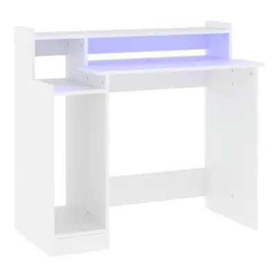 (White) vidaXL Desk with LED Lights Computer Table Study Writing Desk Engineered Wood