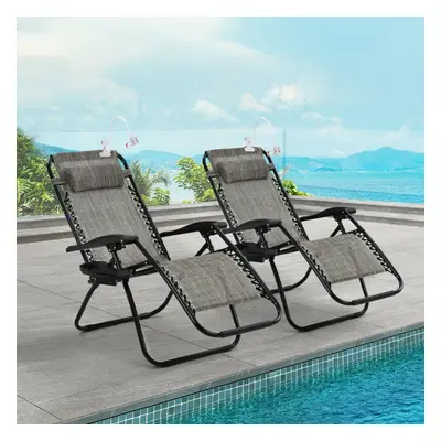 2x Zero Gravity Reclining Sun Lounger Chairs with Cup Holders