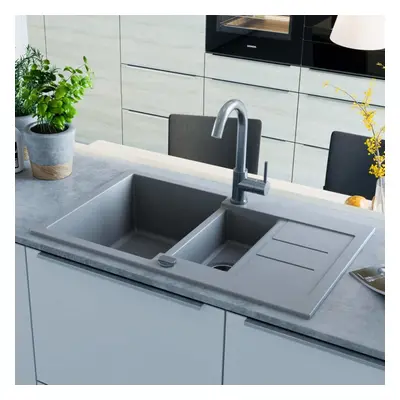 vidaXL Granite Kitchen Sink Double Basin Grey Overmount with Basket Strainer