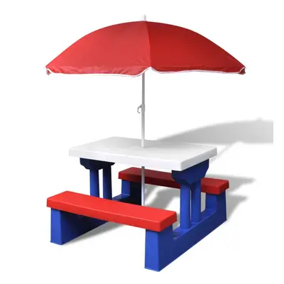 Kids Picnic Table with Umbrella Garden Table Bench Parasol Set Children