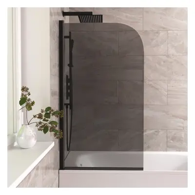 Denver 800mm Curved Bath Screen Matt Black Profile Grey Tinted Glass Reversible